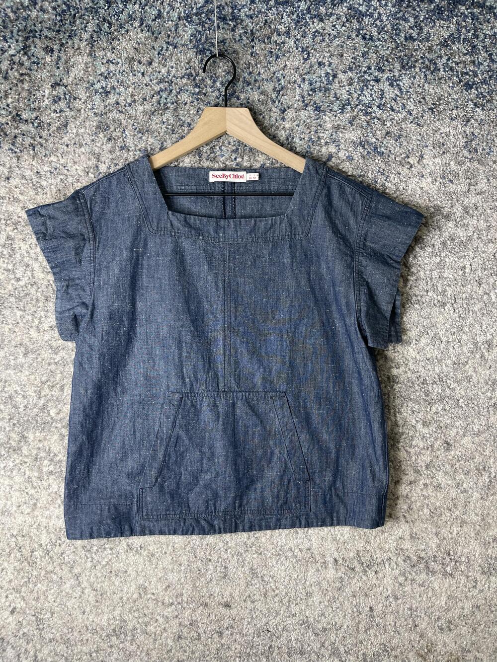 See By Chloe Shirt Womens Medium Blue Denim Square Neck Pullover Made Italy